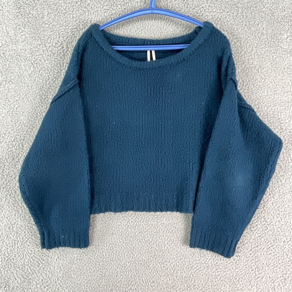 Anthropologie Cropped Sweater Womens M Teal Blue Chunky Knit Boxy Scoop Neck